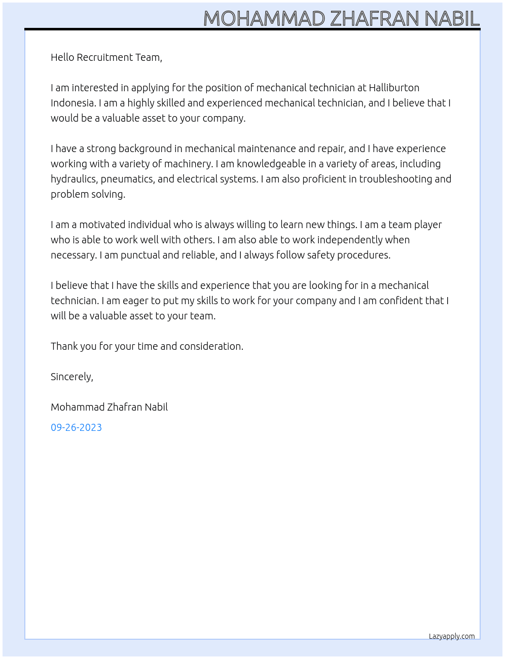 mechanical technician At Halliburton Indonesia Cover Letter