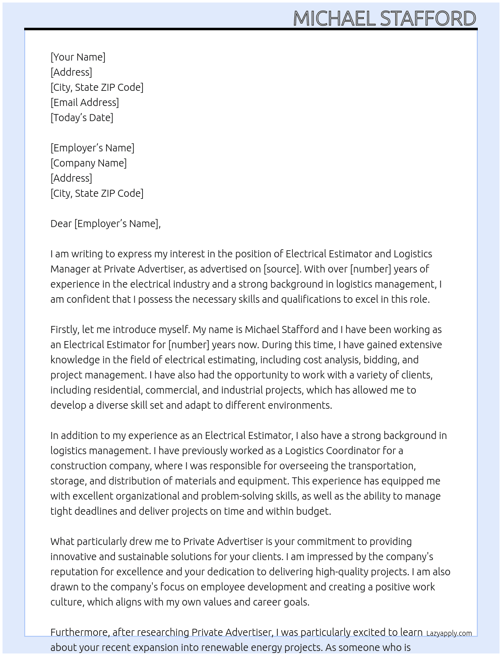 Electrical Estimator and Logistics Manager At Private Advertiser Cover Letter
