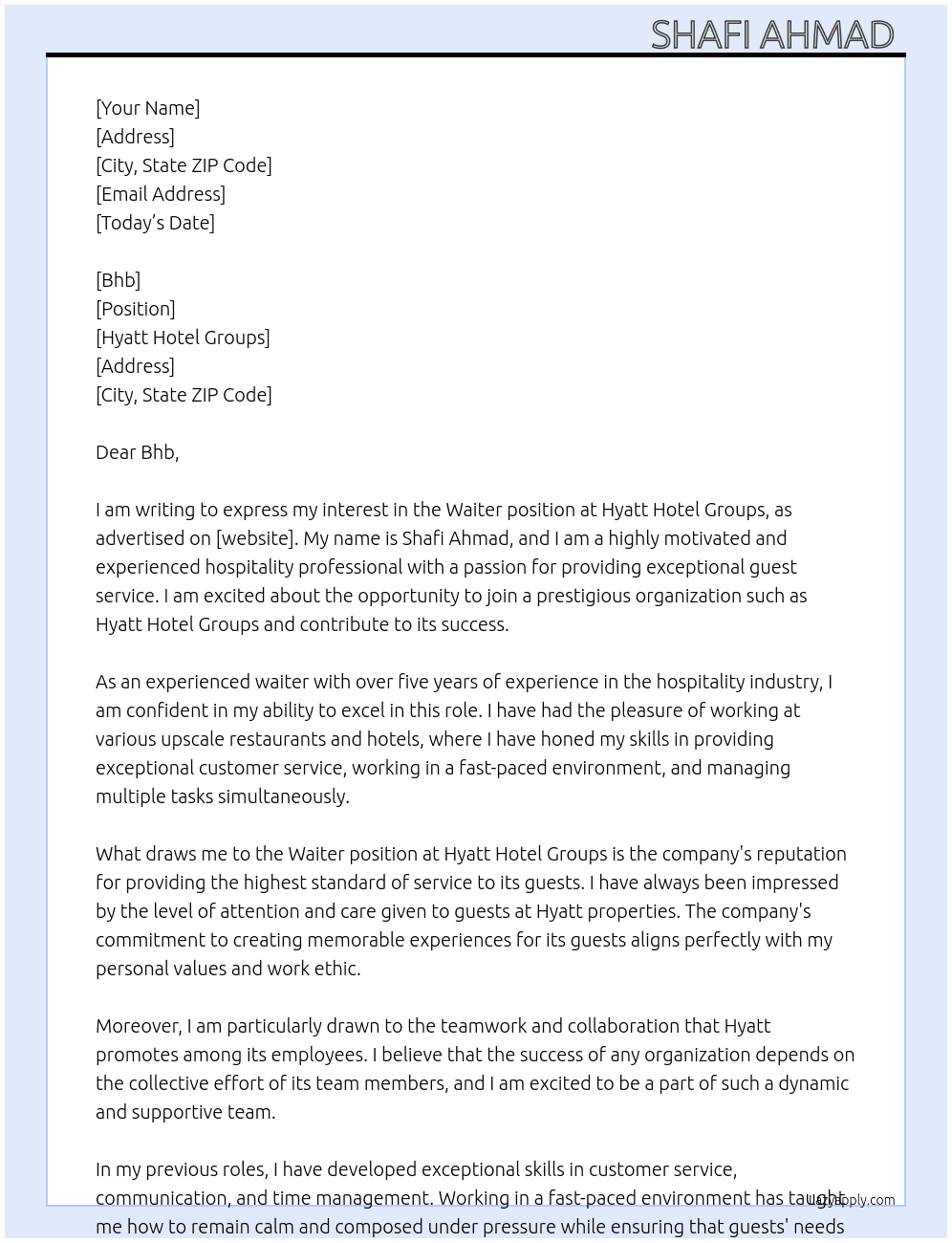 Waiter  At Hyatt hotel groups Cover Letter