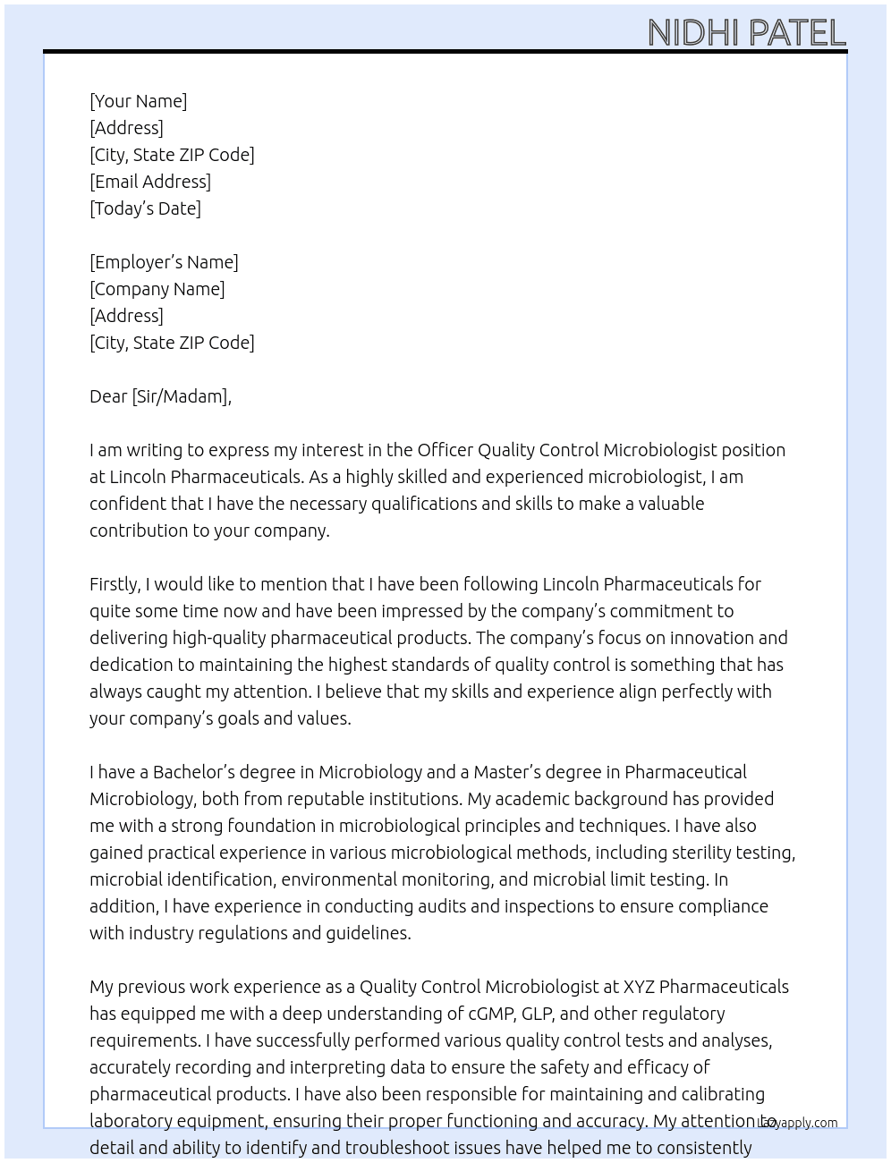 Officer Quality Control Microbiologist  At Lincoln pharmaceuticals  Cover Letter