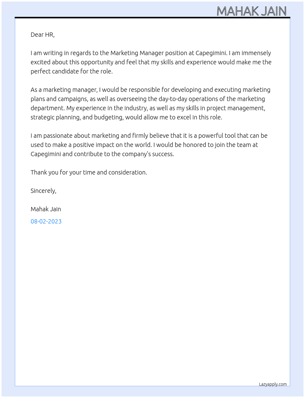 Marketing manager At Capegimini Cover Letter