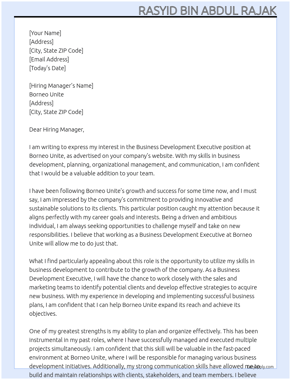 Business Developement Executive At Borneo Unite Cover Letter