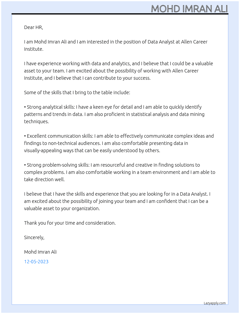 Data analyst  At Allen career institute  Cover Letter