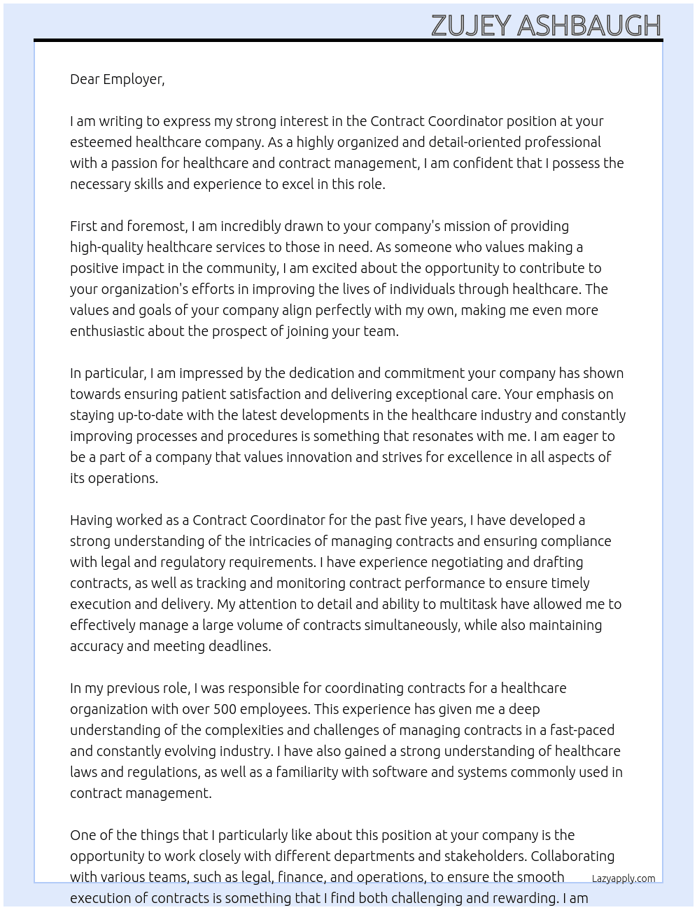 Contract coordinator At Healthcare company  Cover Letter