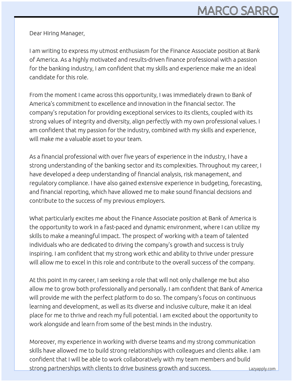 Finance Associate At bank of america Cover Letter