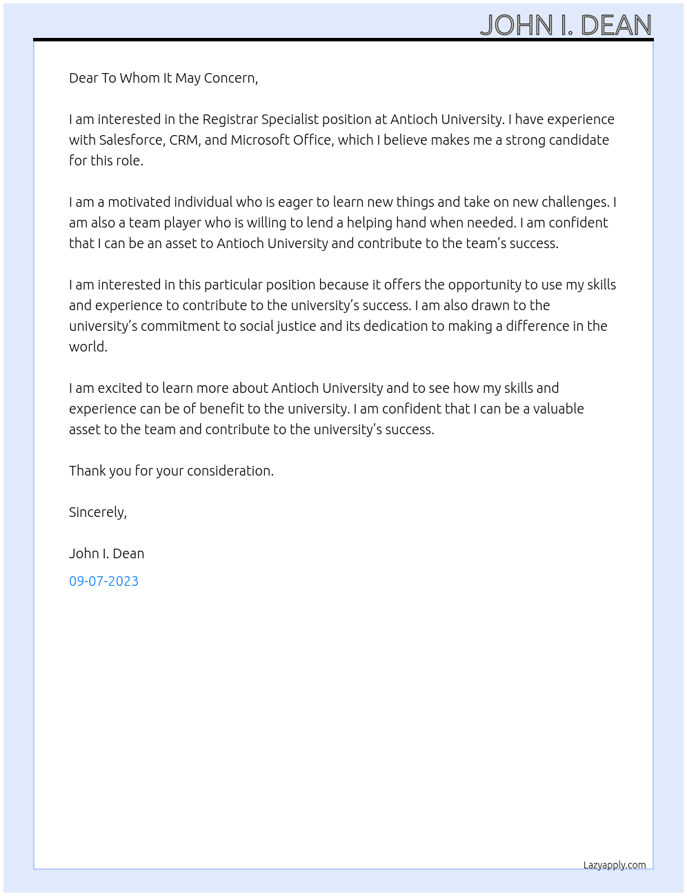 Registrar Specialist At Antioch University Cover Letter