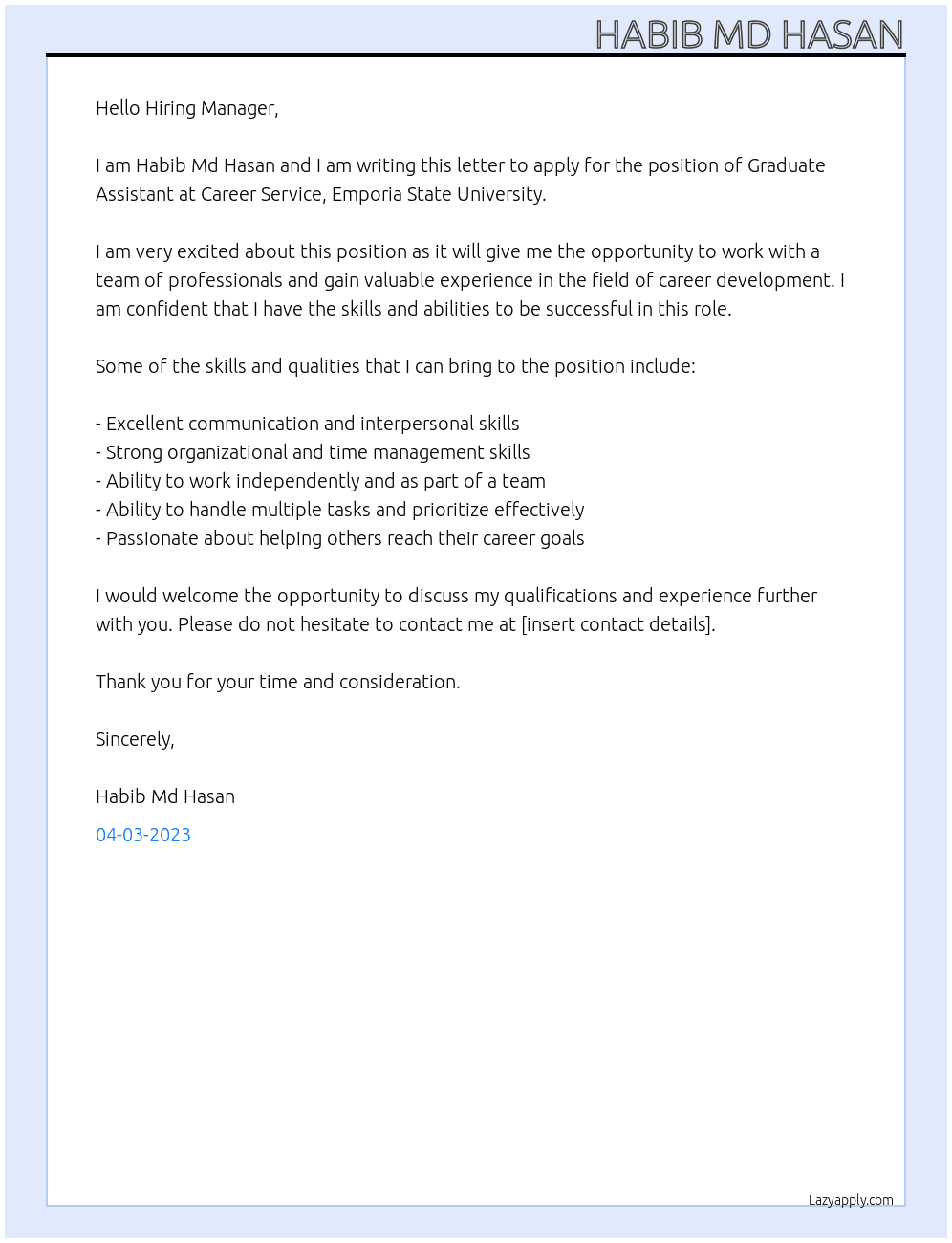 Graduate Assistant At Career Service, Emporia State University Cover Letter