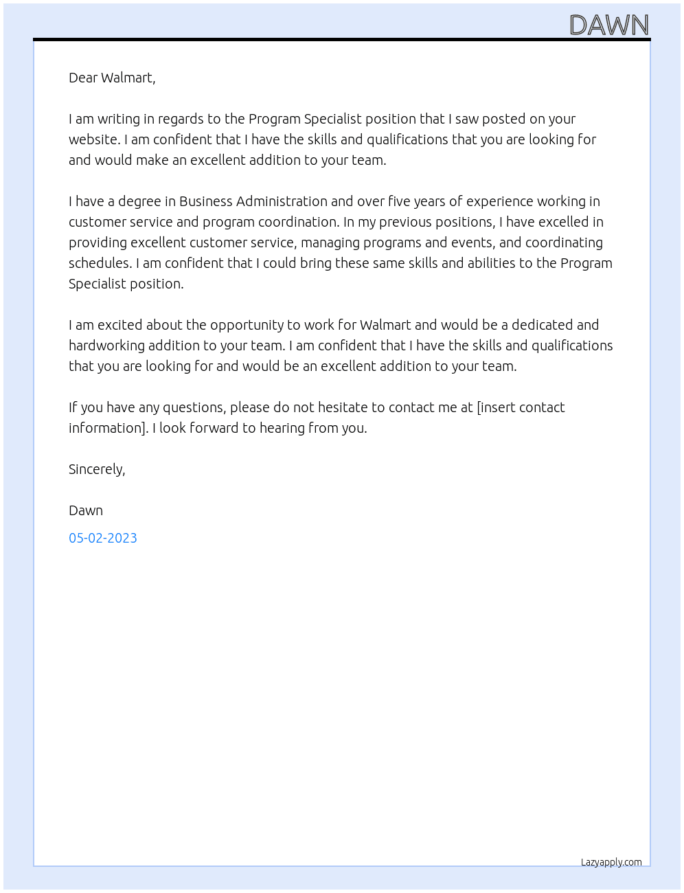 program specialist At Walmart Cover Letter