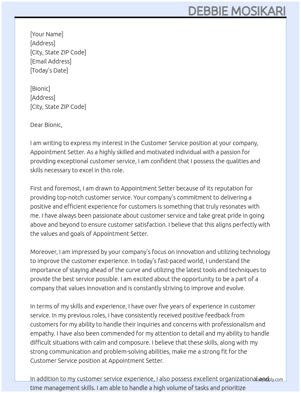  Customer service  At appointment setter Cover Letter