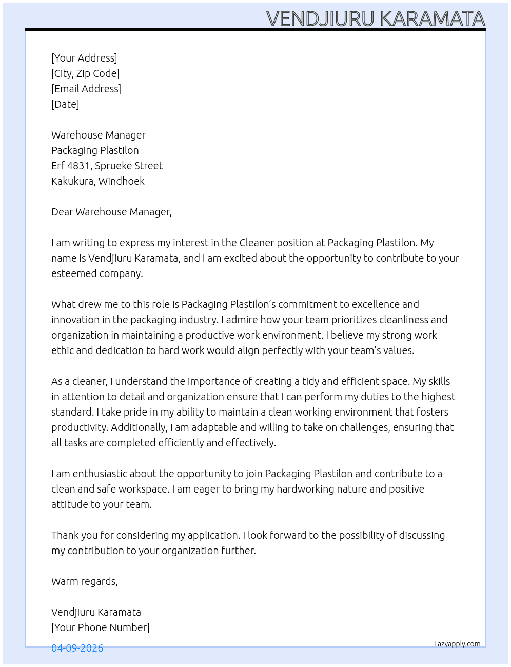 Cleaner At Packaging Plastilon Cover Letter