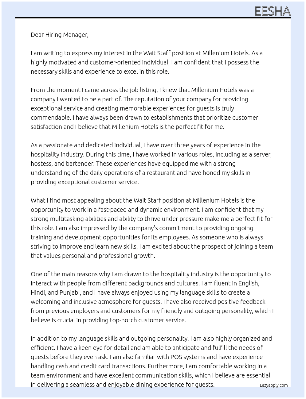 Wait staff At Millenium Hotels Cover Letter