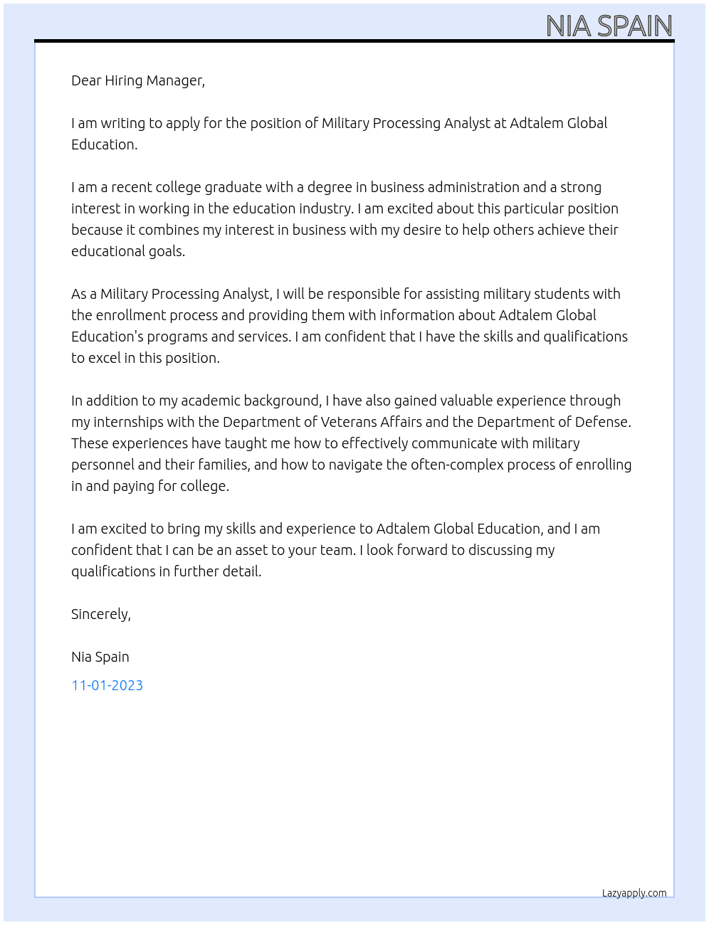 Military Processing Analyst At Adtalem Global Education Cover Letter