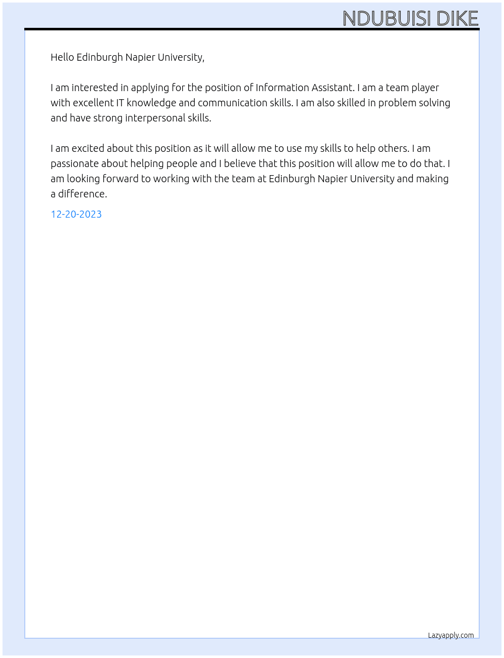 Information Assistant At Edinburgh Napier University Cover Letter