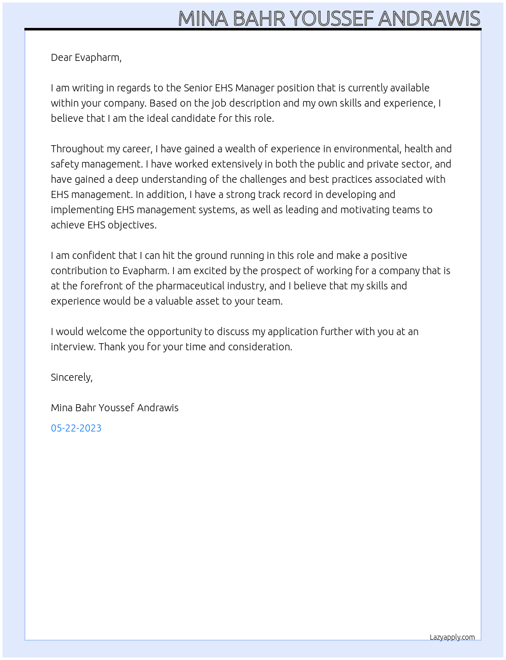 Senior EHS Manager At Evapharm  Cover Letter
