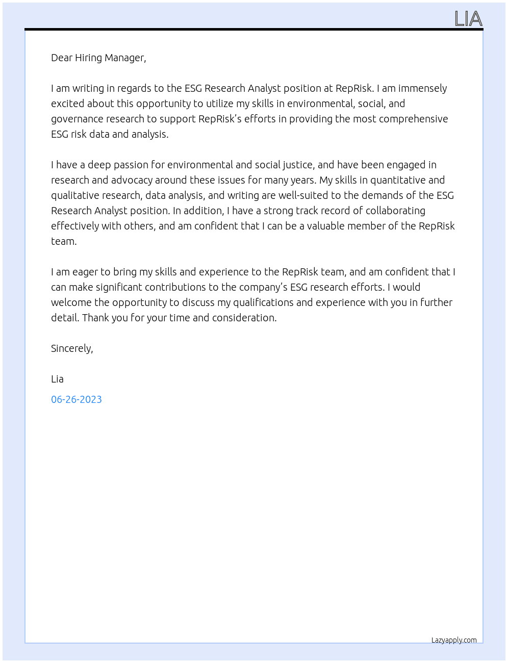ESG Research Analyst At RepRisk Cover Letter