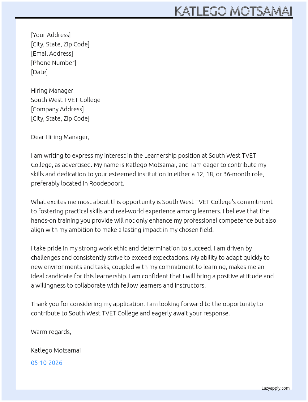 Cover letter for learnership application letter - LazyApply