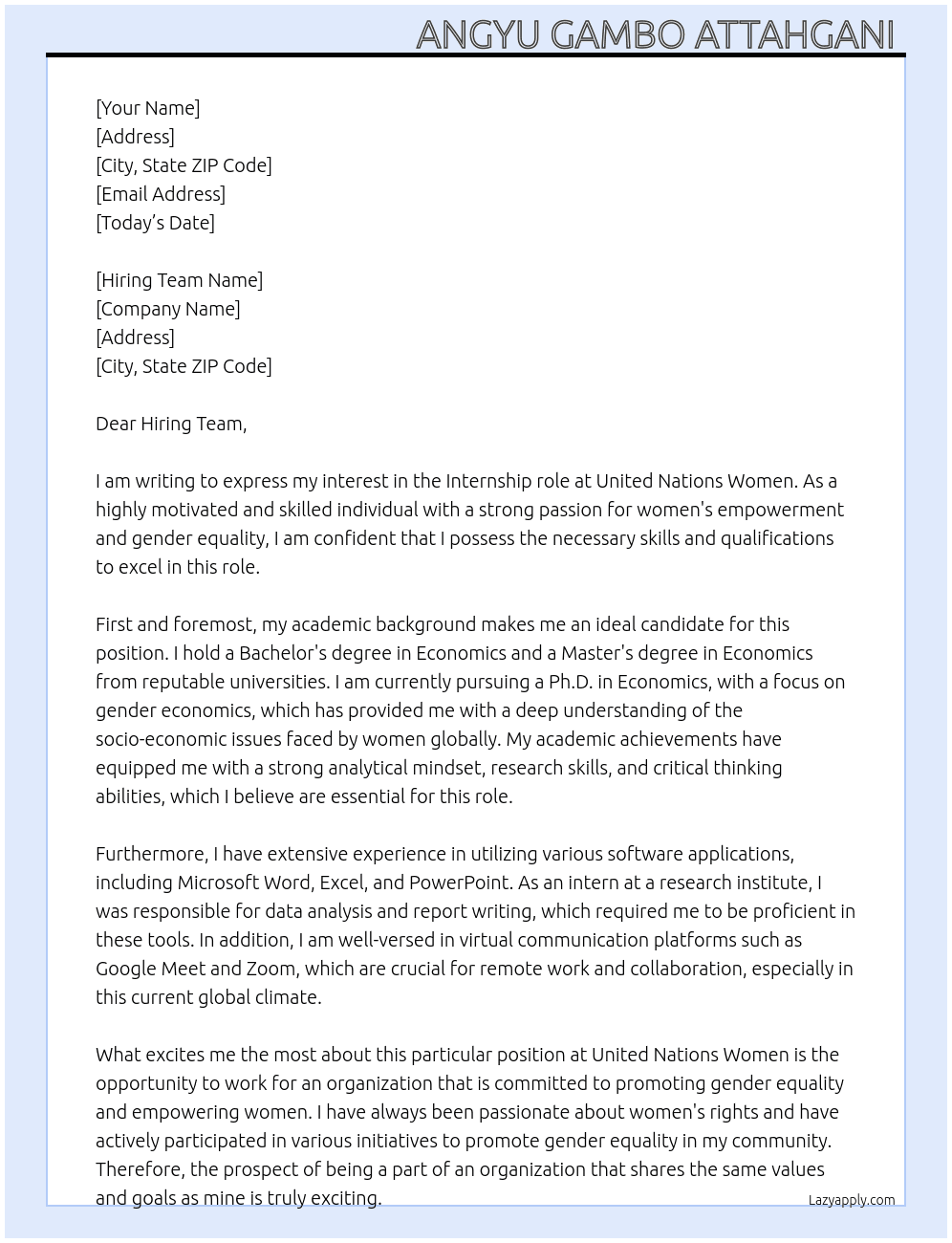 Intern United Nations women At United Nations women Cover Letter