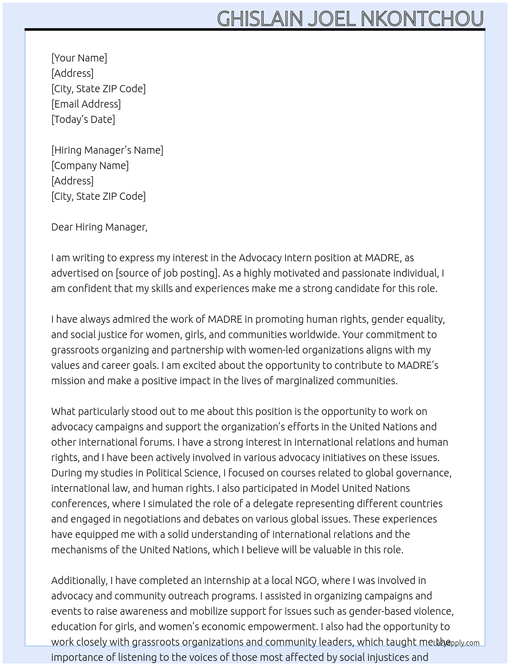 Advocacy Intern At MADRE Cover Letter