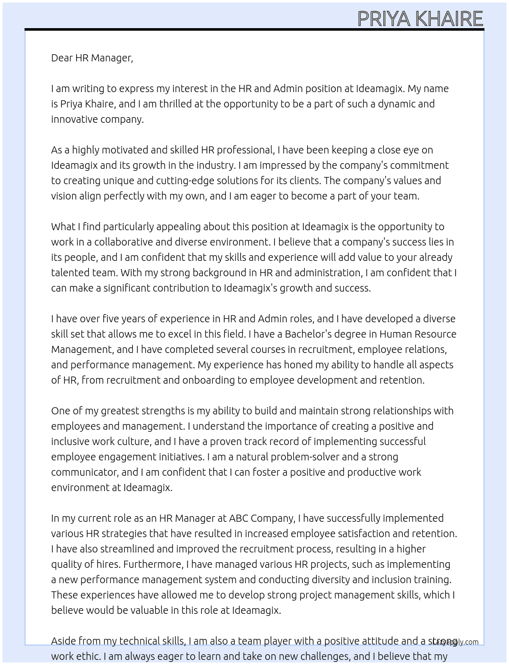 hr and admin At Ideamagix Cover Letter