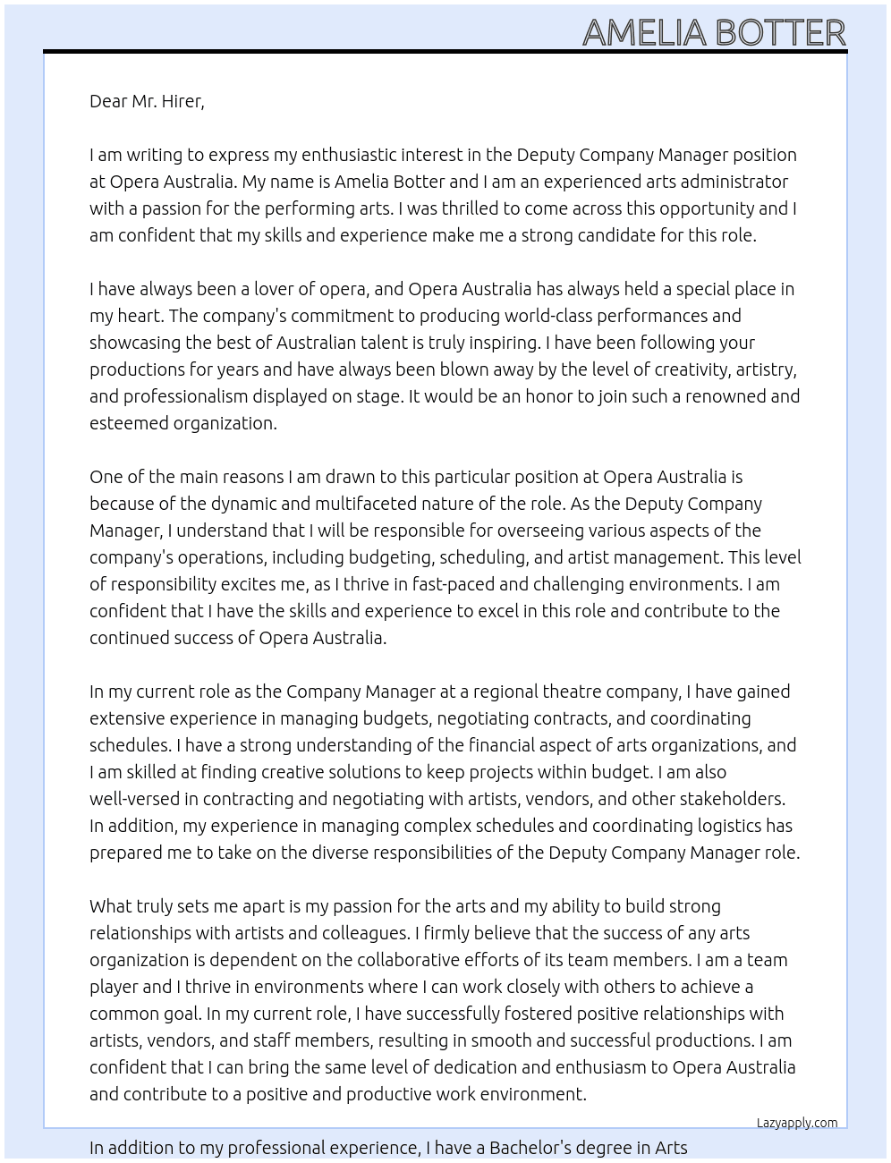 Deputy Company Manager At Opera Australia Cover Letter