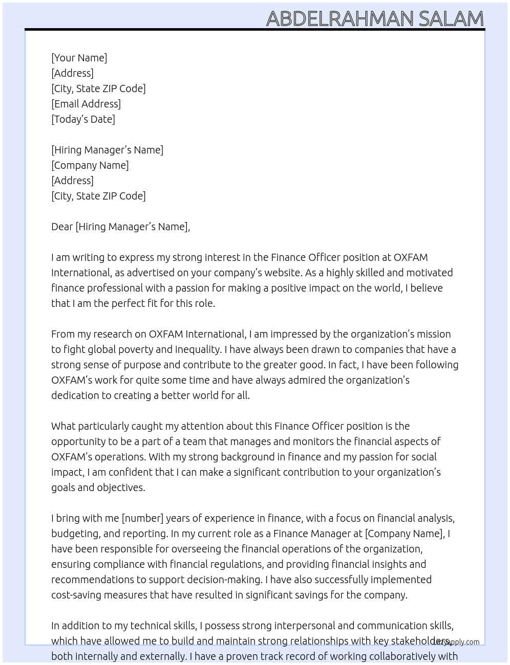  Finance Officer At OXFAM International  Cover Letter