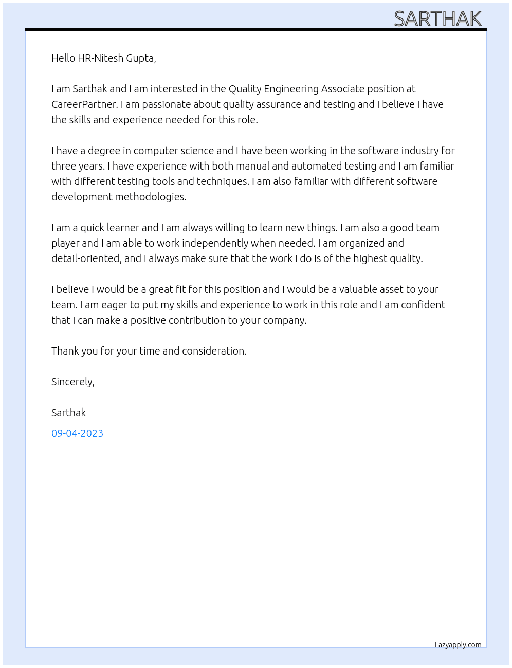 Quality Engineering Associate  At CareerPartner  Cover Letter