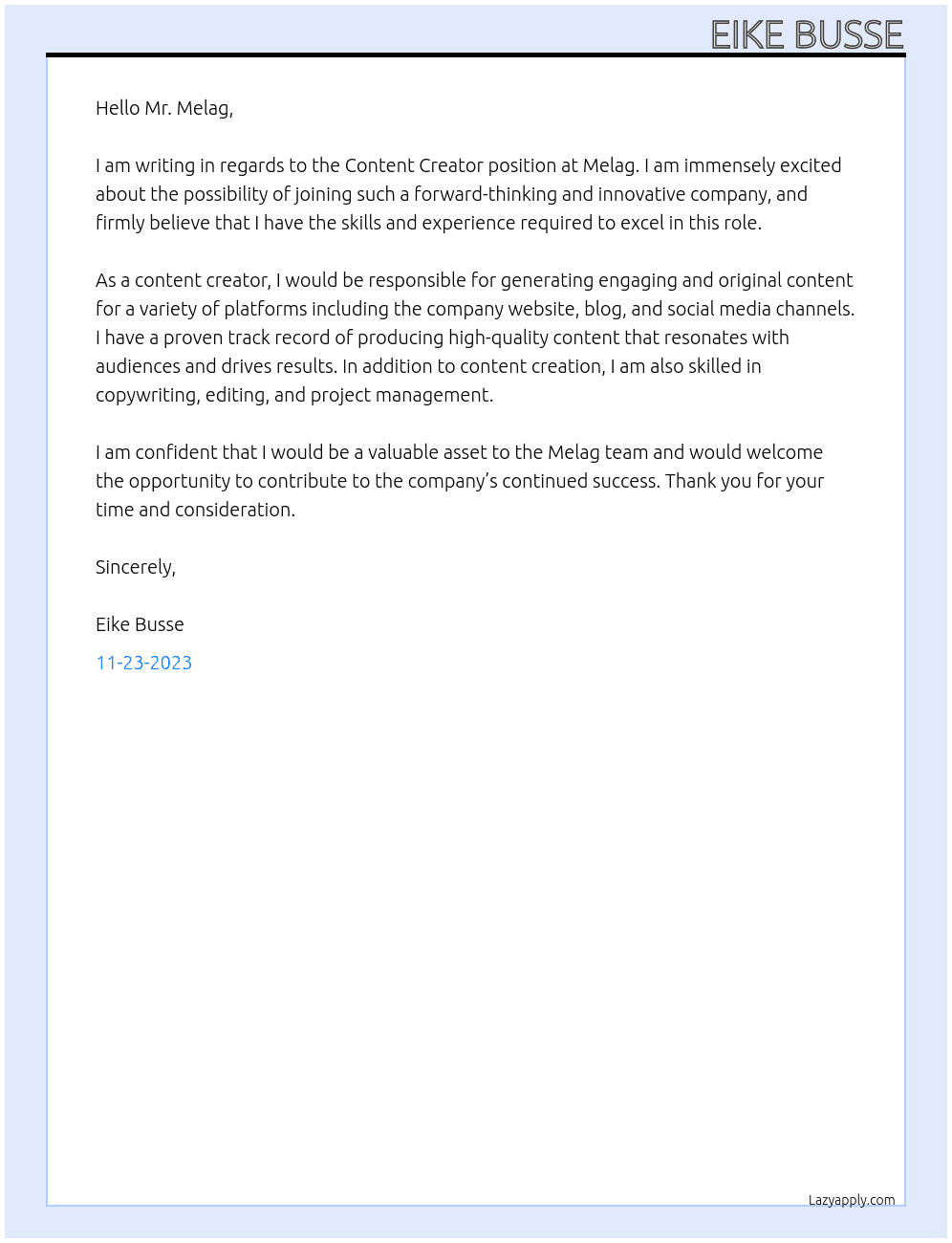 Content Creator At Melag Cover Letter