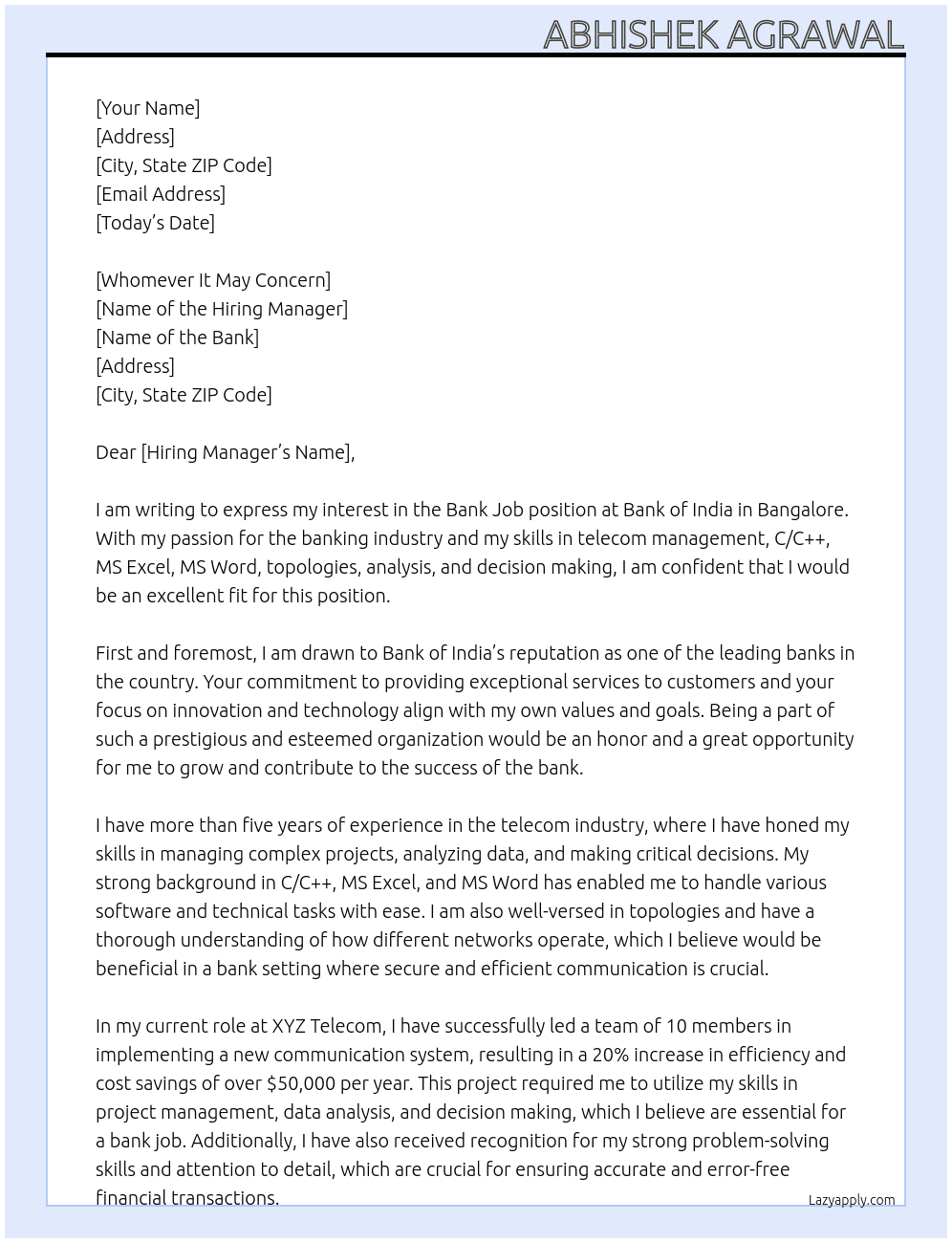 Bank job At Bank of india Cover Letter
