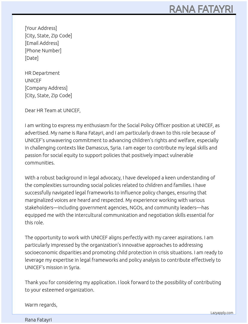 social policy officer  At unicef  Cover Letter