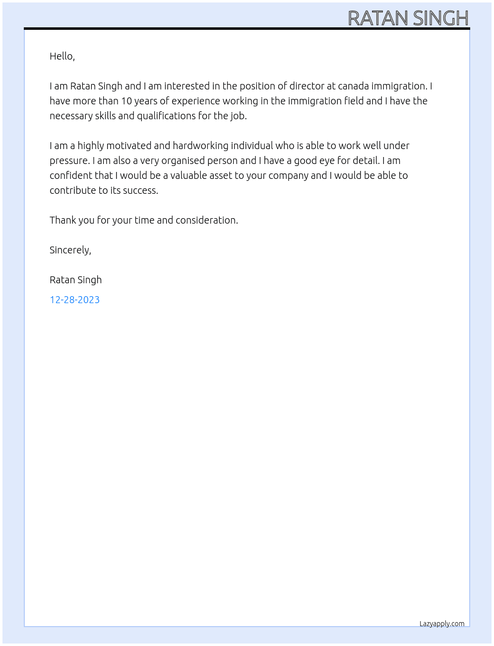 director At canada immigration Cover Letter