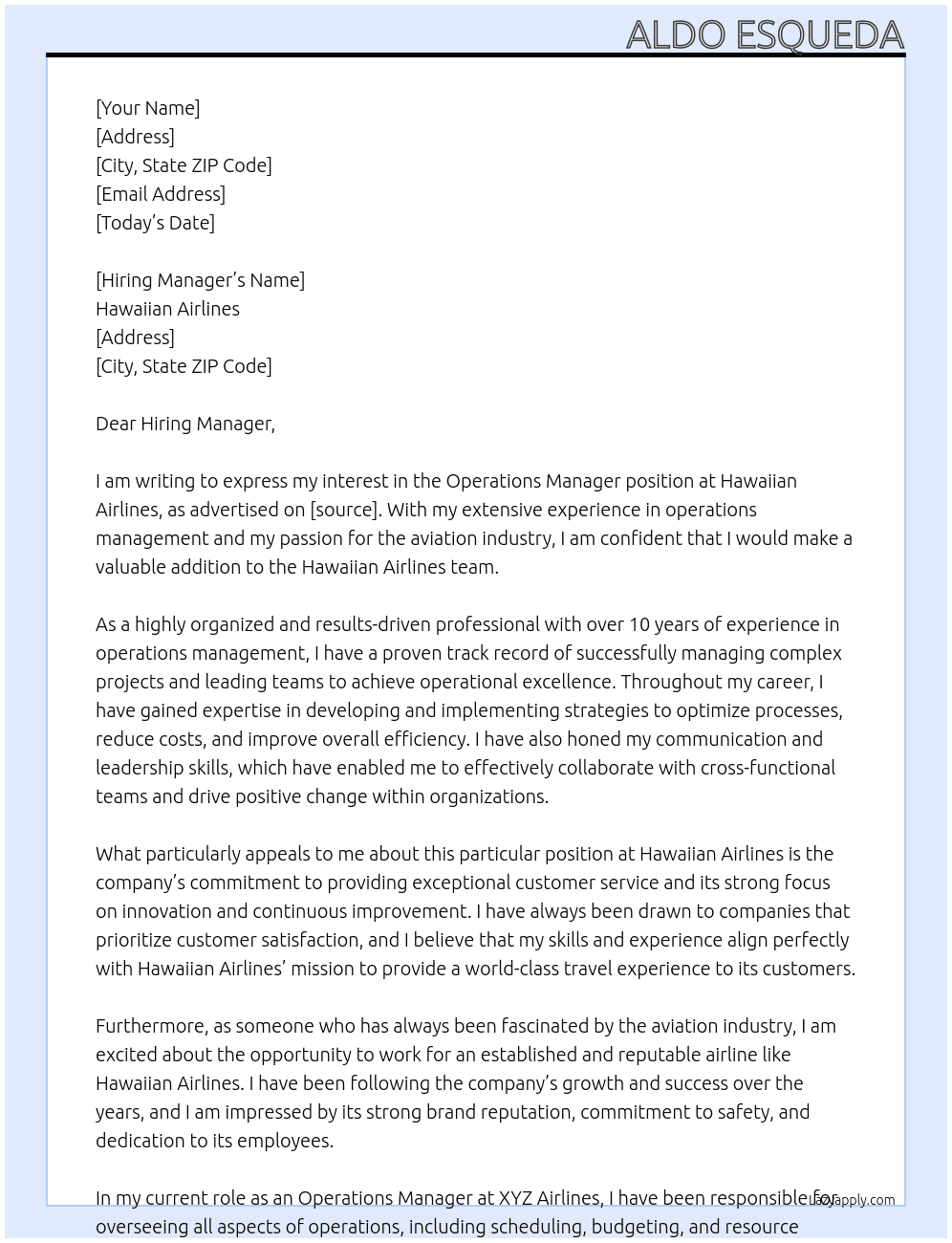 Operations Manager At Hawaiian Airlines Cover Letter