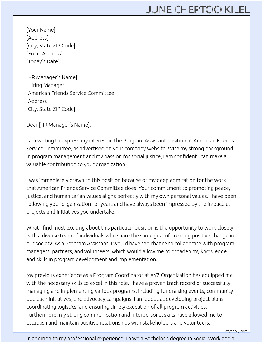 Program assistant  At American friends service committee  Cover Letter
