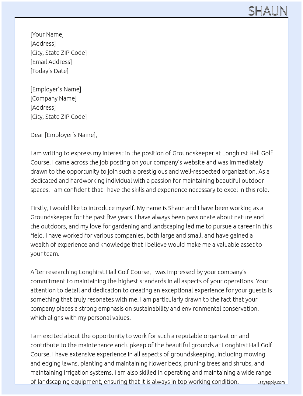 Groundskeeper At Longhirst Hall Golf Course Cover Letter