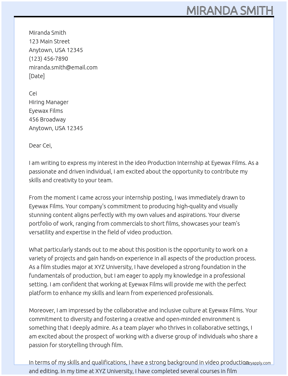 ideo Production Internship At Eyewax Films  Cover Letter