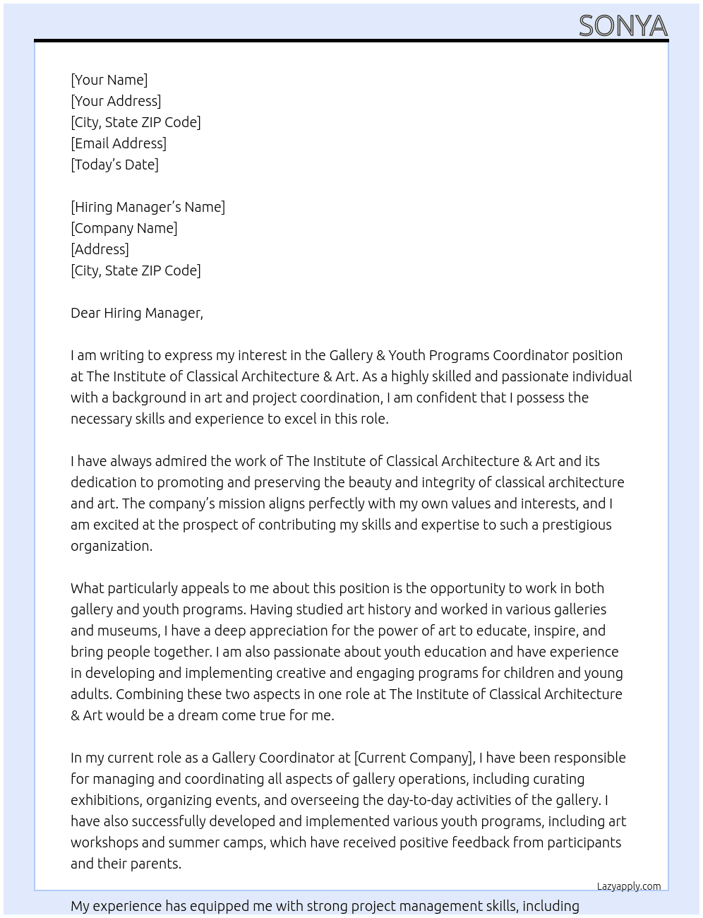 Gallery & Youth Programs Coordinator At The Institute of Classical Architecture & Art Cover Letter