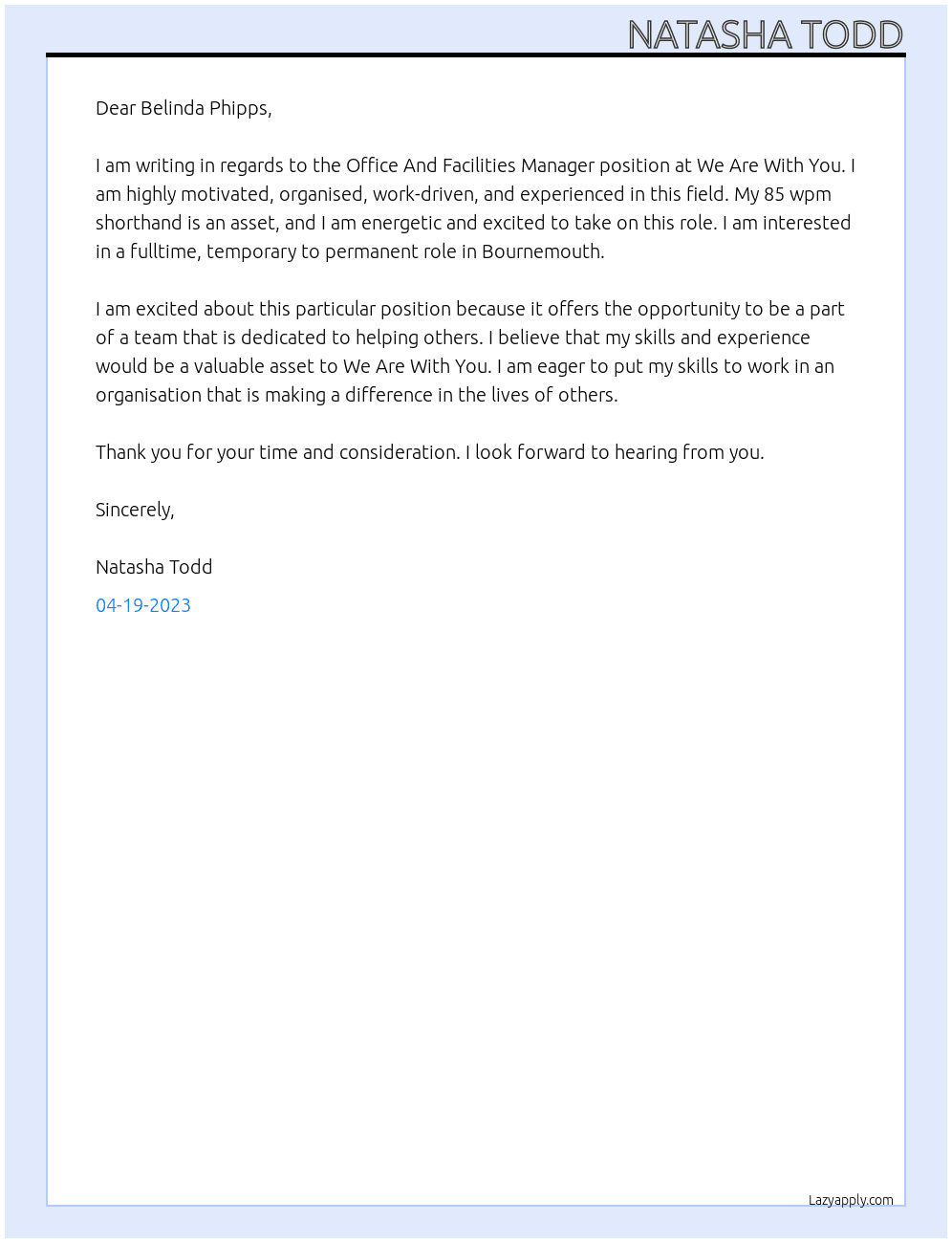 Office And Facilities Manager At We Are With You Cover Letter
