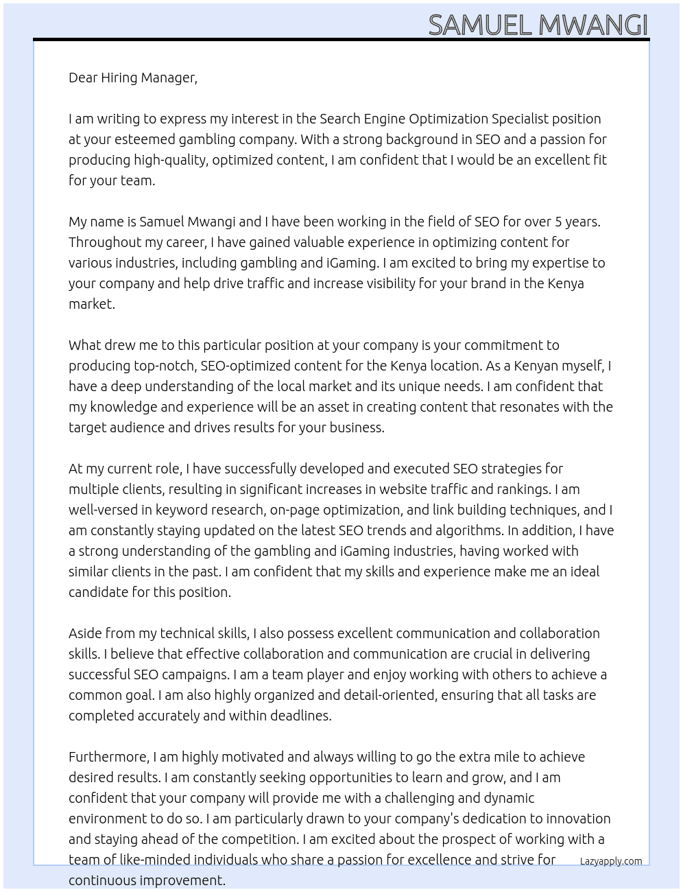 search engine optimization specialist At gambling company Cover Letter
