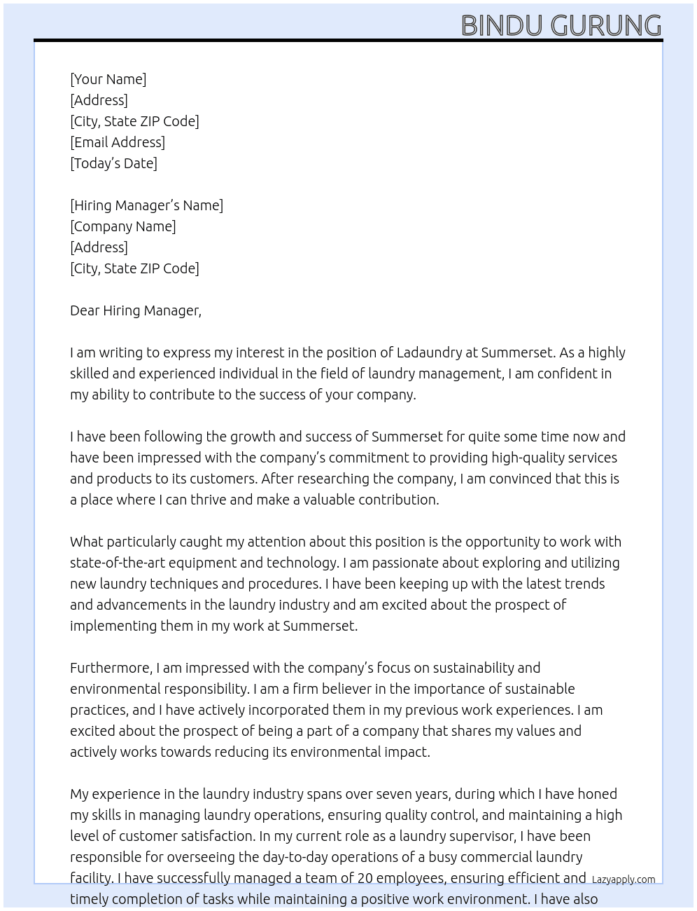 ladaundry At summerset Cover Letter