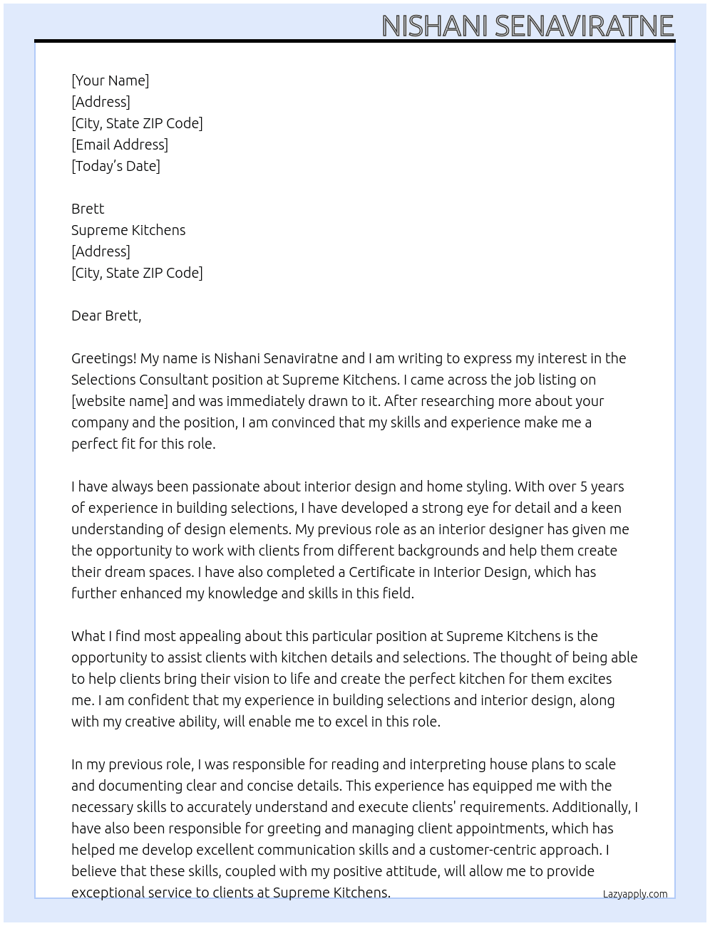 Selections Consultant At Supreme Kitchens Cover Letter