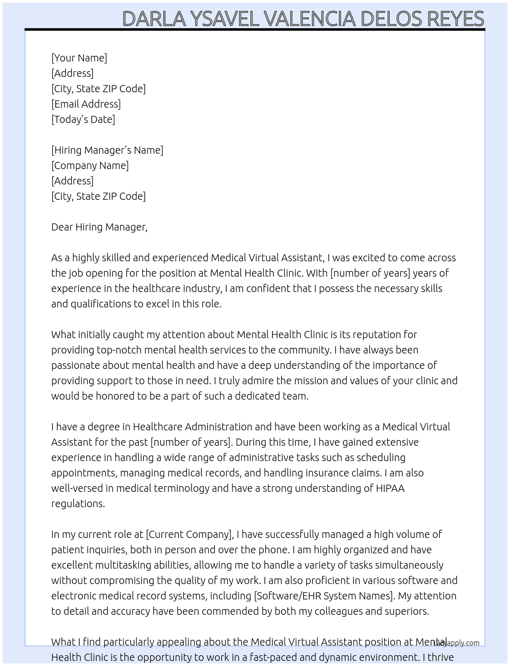 Medical Virtual Assistant At Mental Health Clinic Cover Letter