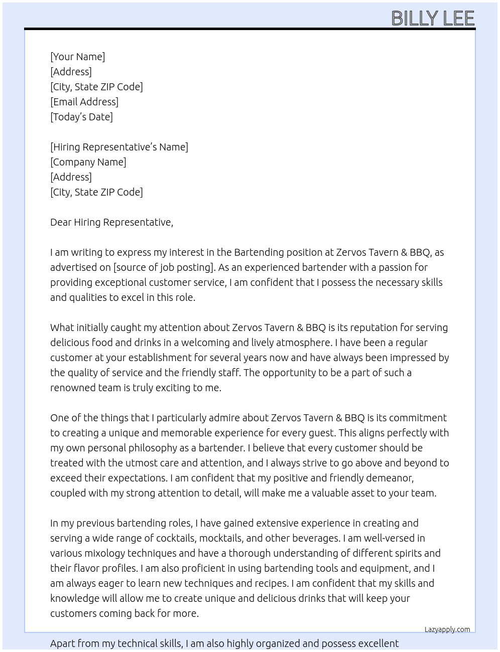 Bartending  At Zervos Tavern & BBQ Cover Letter