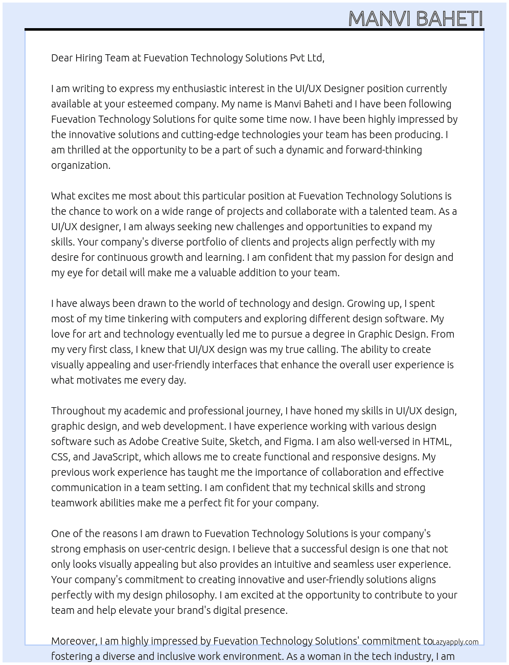 UI/UX Designer At Fuevation Technology Solutions Pvt Ltd Cover Letter