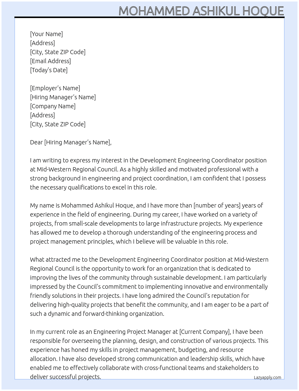 Development Engineering Coordinator At  Mid-Western Regional Council Cover Letter