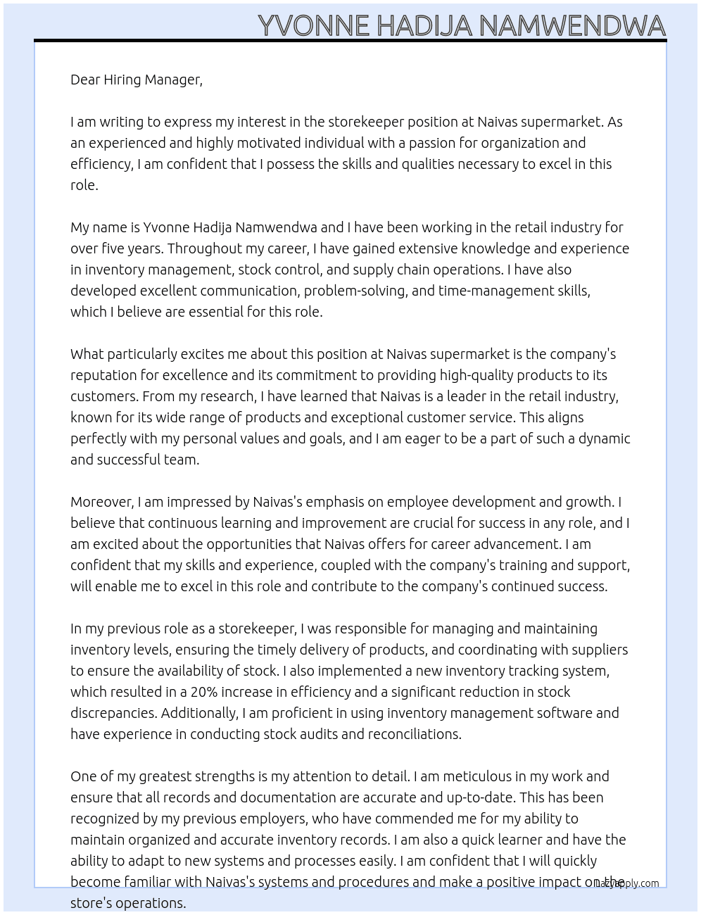 storekeeper At Naivas supermarket Cover Letter
