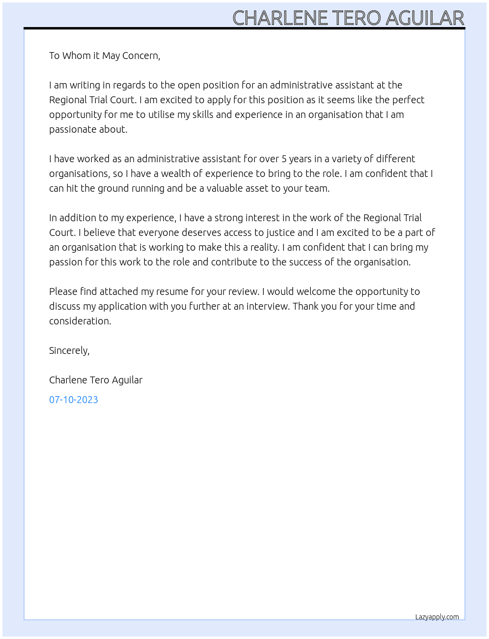 administrative assistant At Regional Trial Court Cover Letter