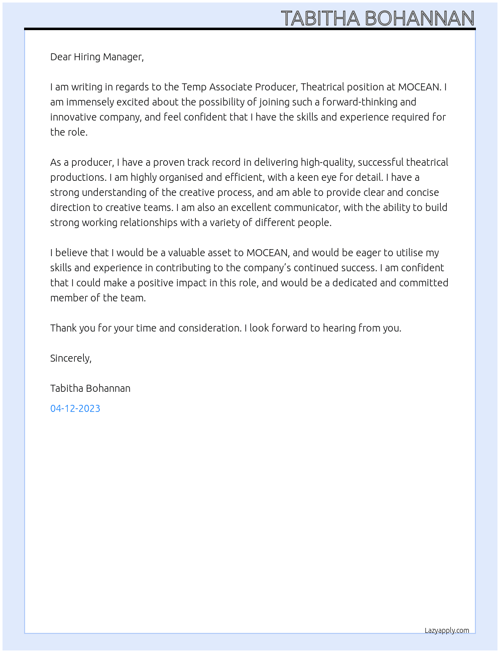 Temp Associate Producer, Theatrical At MOCEAN Cover Letter