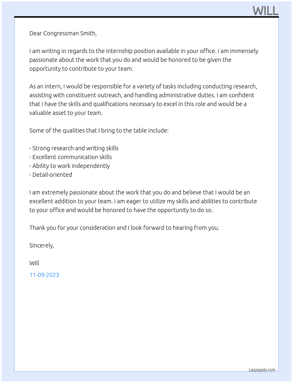 Intern At Office of Representative Adam Smith Cover Letter