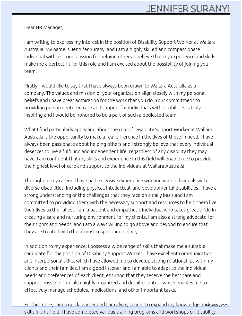 Disability Support Worker At Wallara Australia  Cover Letter