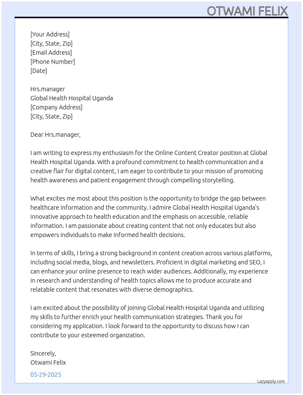 Online content creator At Global health hospital uganda Cover Letter