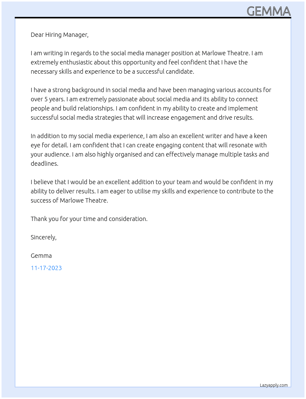 Social Media Manager At Marlowe Theatre Cover Letter